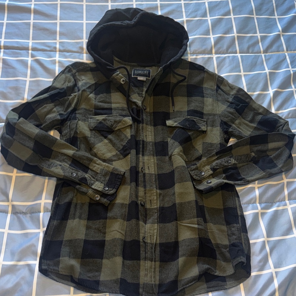 Valor Olive & Black Plaid Hooded Button-Down Shirt